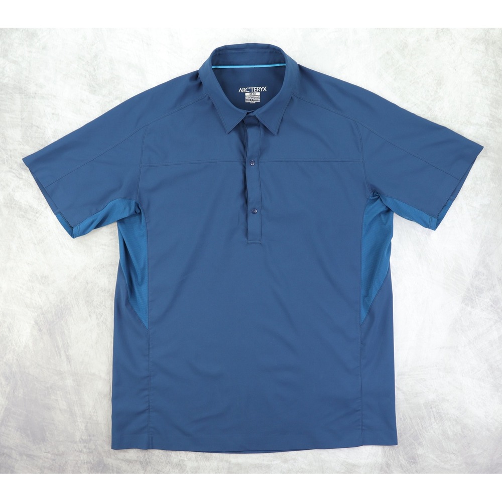 Arcteryx Adventus Comp Polo Shirt Mens Medium M Blue Hiking Trail Snap Placket